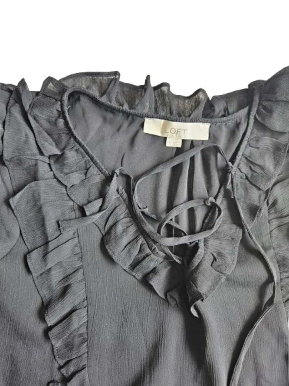 LOFT Ruffle-Neck Lace Up Puffed Short Sleeve Blouse, Small, Black